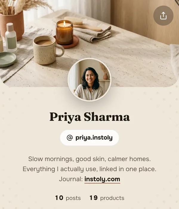An example creator store: banner, profile picture, name, handle, bio with a link, post and product counts, and a Featured shelf